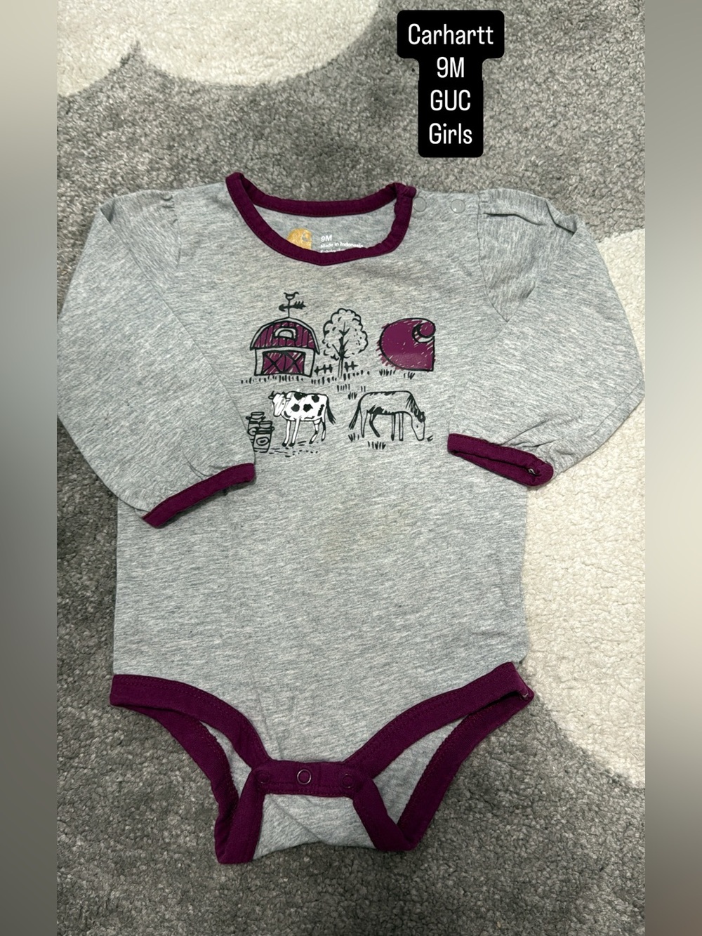 Carhartt Gray and Purple Farm-Print Baby Bodysuit